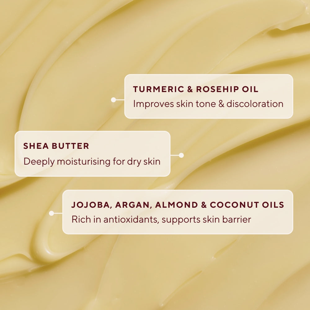 A close-up of a creamy beige cosmetic texture with three labeled callouts highlighting the ingredients of Naydaya's Body Saviour reading: 'Turmeric & Rosehip Oil' for skin tone and discoloration, 'Shea Butter' for dry skin, and 'Jojoba, Argan, Almond & Coconut Oils' for antioxidant support and skin barrier.