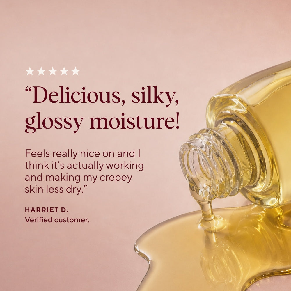 A close-up of a clear bottle of naydaya body blitz pouring golden translucent oil onto a pink background, with a customer review quote and star rating overlaid on the left side.